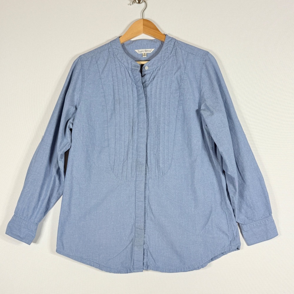 Travelsmith Shirt Women Medium Blue Chambray‎ Pleated Prairie Flowy Coastal